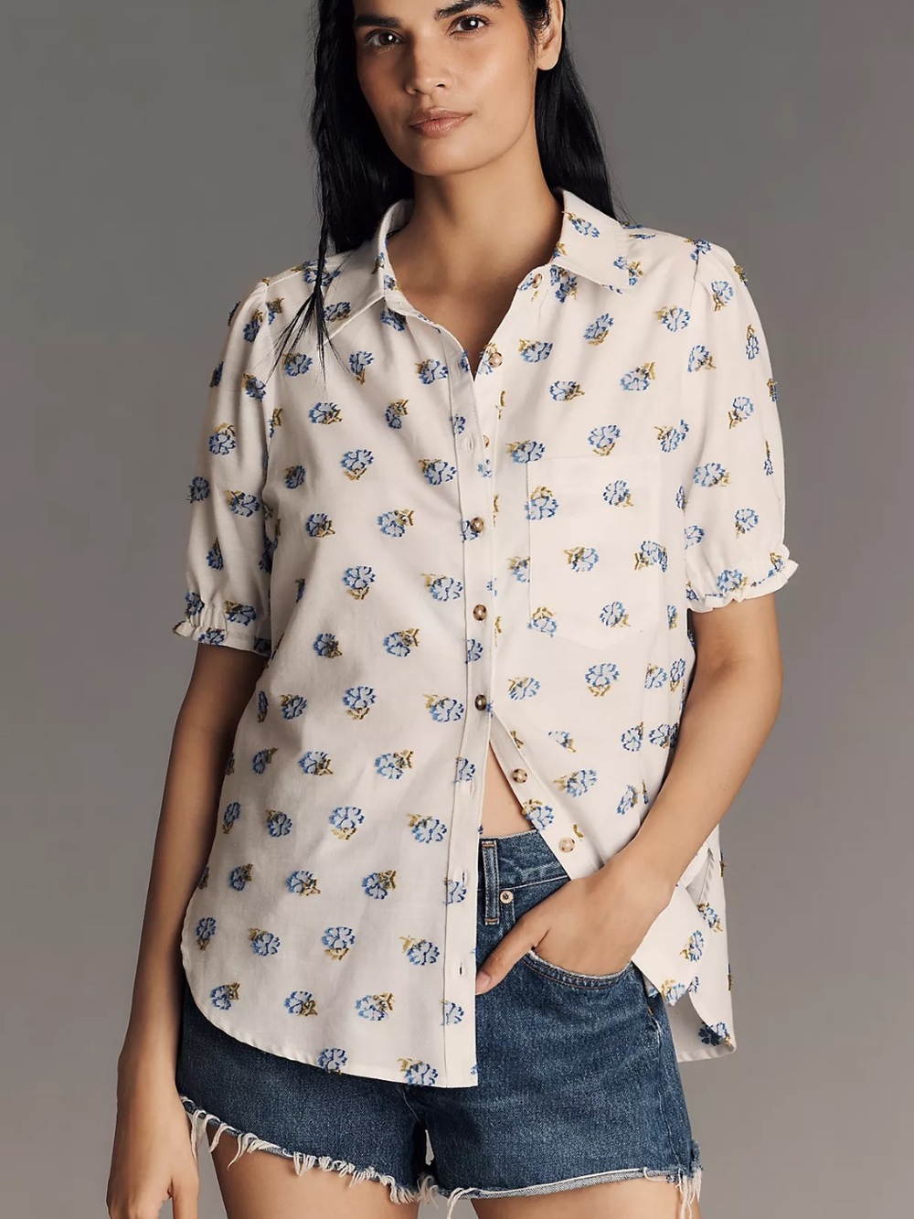 Pilcro by Anthropologie The Aly Puff-Sleeve Button Down Blouse Top NWT Sz Small - Picture 2 of 12